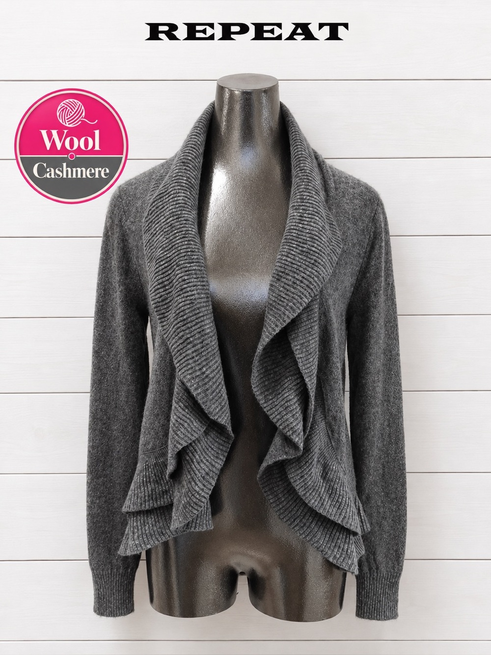 REPEAT - gray Ruffled Cardigan - Size S (38) cashmere-wool